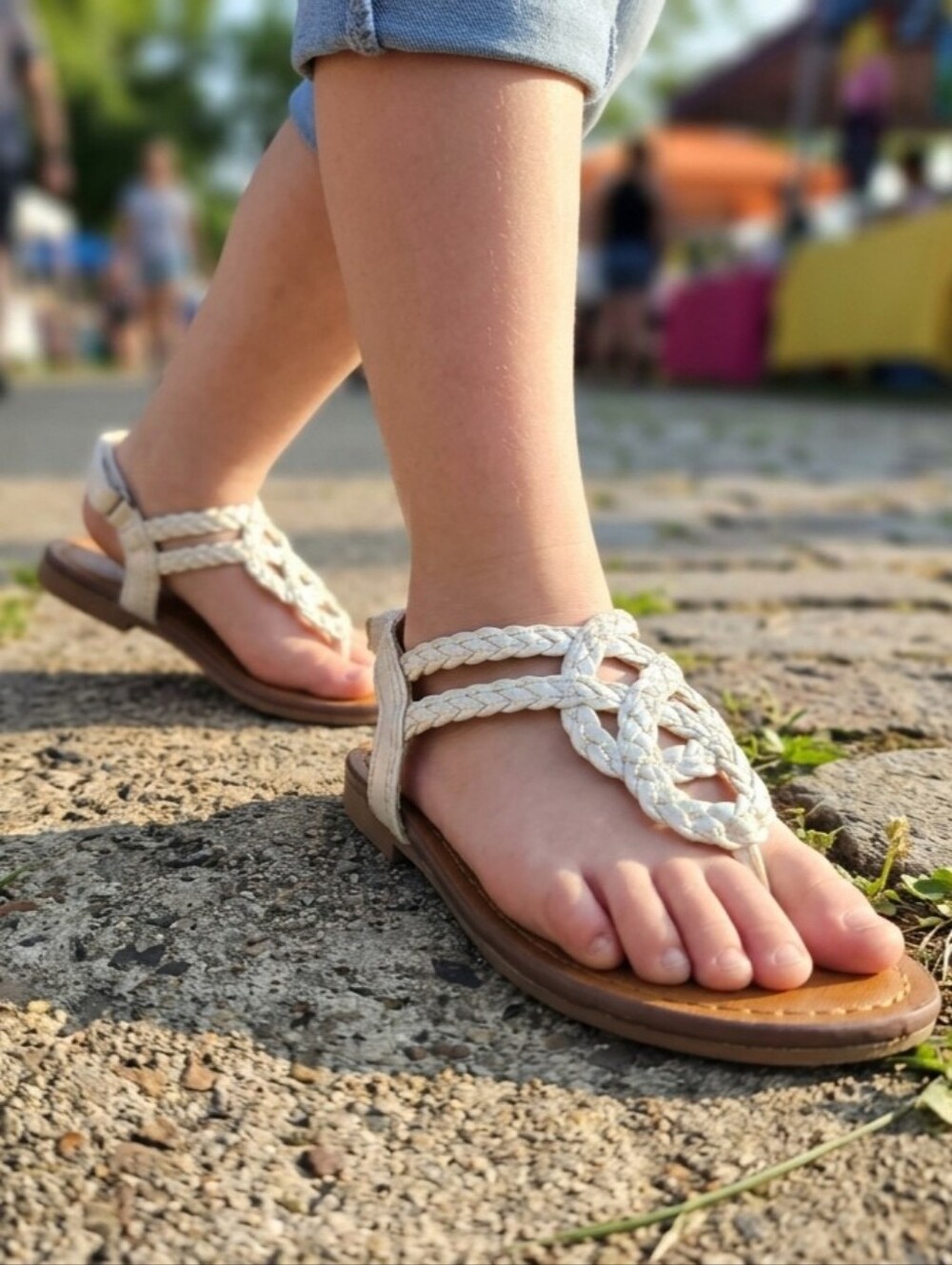 Braided T-Strap Sandals in Cream and Tan